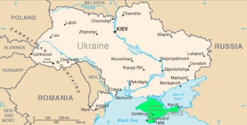 Ucrânia com a península da Crimeia em verde