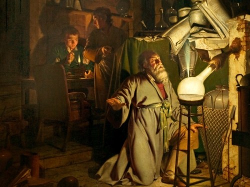 “Alquimista à procura da pedra filosofal”, de Joseph Wright (1771): a descoberta do fósforo por Henning Brand